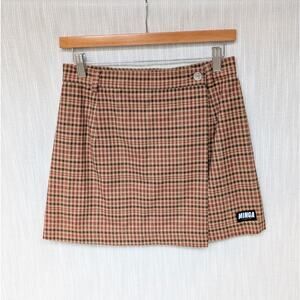 Minga London Brown Tartan Print Plaid A-line Wrap Mini Skirt, size 2